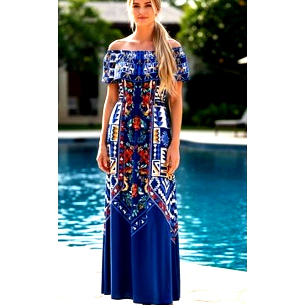 Flying Tomato Blue Tropical Floral Maxi Dress Off Shoulder Fairy Boho Festival M